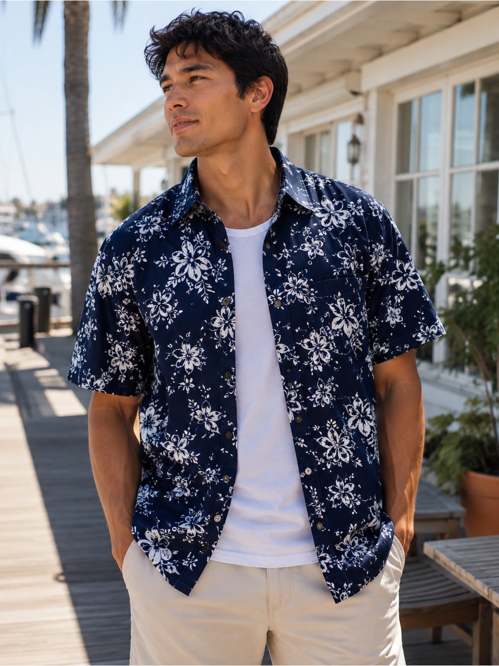 UZZI Hawaiian Shirt Men’s XXL Navy Floral Button Up Coastal Surf Oversized